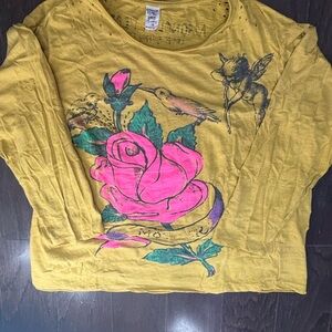 Magnolia Pearl Mustard Yellow Long Sleeve Tee with Pink Rose Design Gently Worn